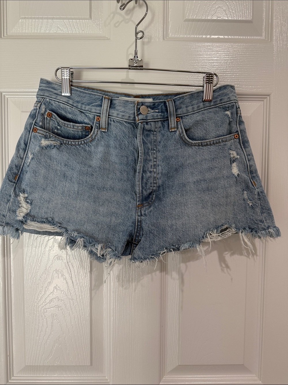 Denim Forum Light Blue Distressed Frayed Hem Jean Shorts